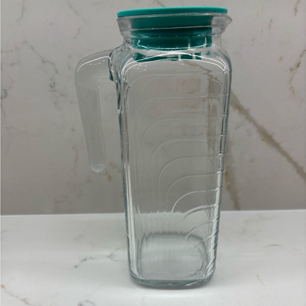 Vintage Covetro Ribbed Glass Pitcher Turquoise Lid Made in Italy 9"